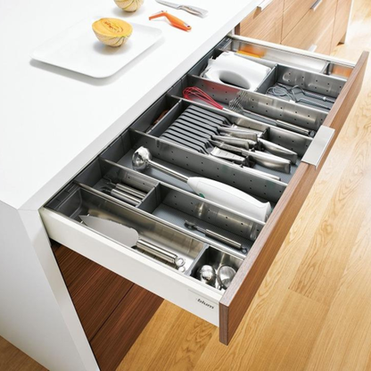 Blum ORGA‑LINE drawer insert knife holder for 4 small and 5 large knives, 177.5mm brushed stainless steel and dust grey – ZSZ‑02MO