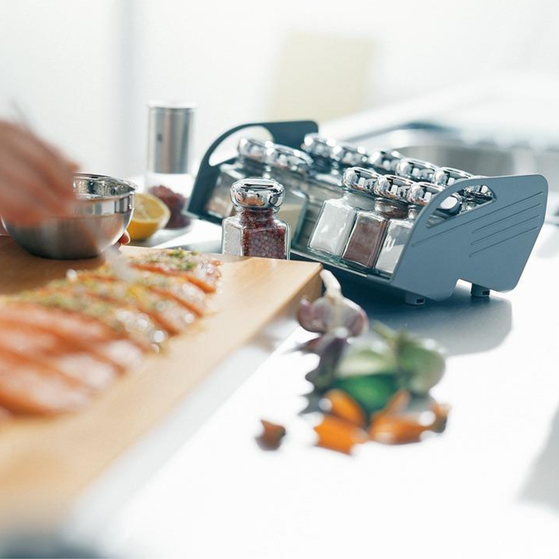 Blum ORGA‑LINE 300mm drawer insert spice holder in brushed stainless steel dust grey for kitchen drawer organisation – ZFZ‑30G0I