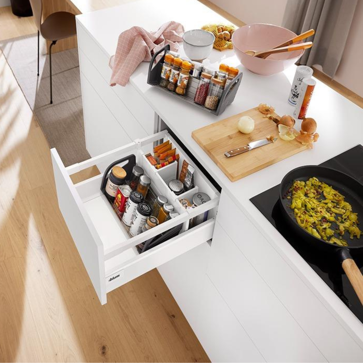 Blum ORGA‑LINE 300mm drawer insert spice holder in brushed stainless steel dust grey for kitchen drawer organisation – ZFZ‑30G0I