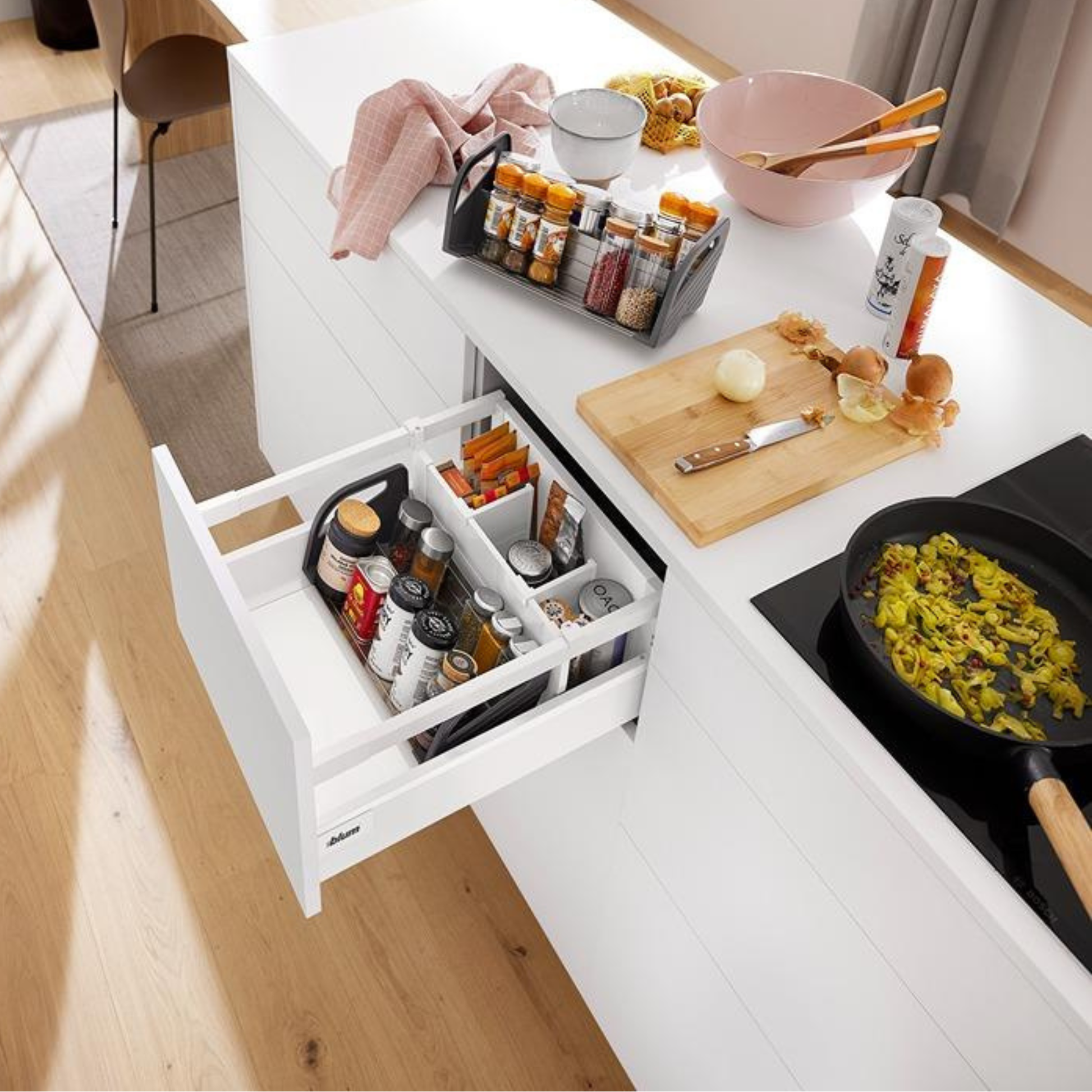 Blum ORGA‑LINE 300mm drawer insert spice holder in brushed stainless steel dust grey for kitchen drawer organisation – ZFZ‑30G0I
