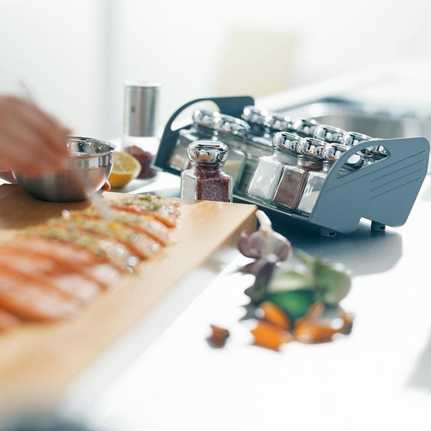 Blum ORGA‑LINE 450mm drawer insert spice holder in brushed stainless steel dust grey for kitchen drawer organisation – ZFZ‑45G0I