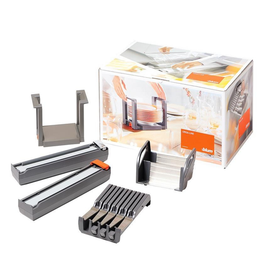 Blum ORGA‑LINE kitchen tools drawer insert set with film dispenser, foil dispenser, knife holder, 2 plate holders and 2 spice holders – ZOU‑30U1I