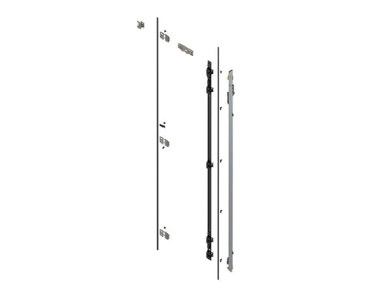 Blum REVEGO Duo left-hand hinge bracket set with TIP-ON for pocket doors, adjustable height 2857–2999 mm, durable zinc-plated steel, smooth handle-free double-door operation