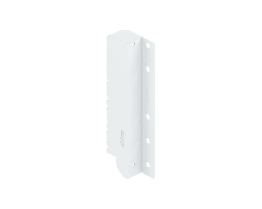 A silk white rectangular metal bracket, designed to be used with Blum TANDEMBOX antaro drawer runner sets.