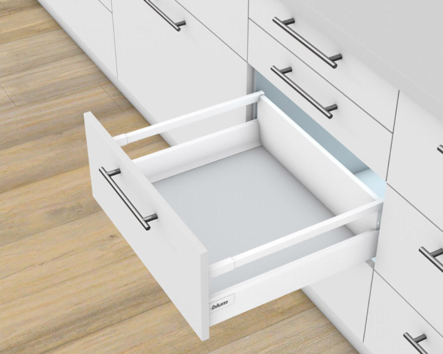 Blum TANDEMBOX Antaro with TIP-ON BLUMOTION High Fronted Drawer C Height 167mm with Single Gallery Rail 65kg 500mm Silk White for drawer weight 35-65kg by W&B