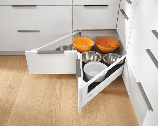 Blum TANDEMBOX Antaro space‑corner drawer (D‑height 199 mm, 650 mm, silk white) with 65 kg load, synchronized opening (SYNCHROMOTION) and soft‑close (BLUMOTION) runners 