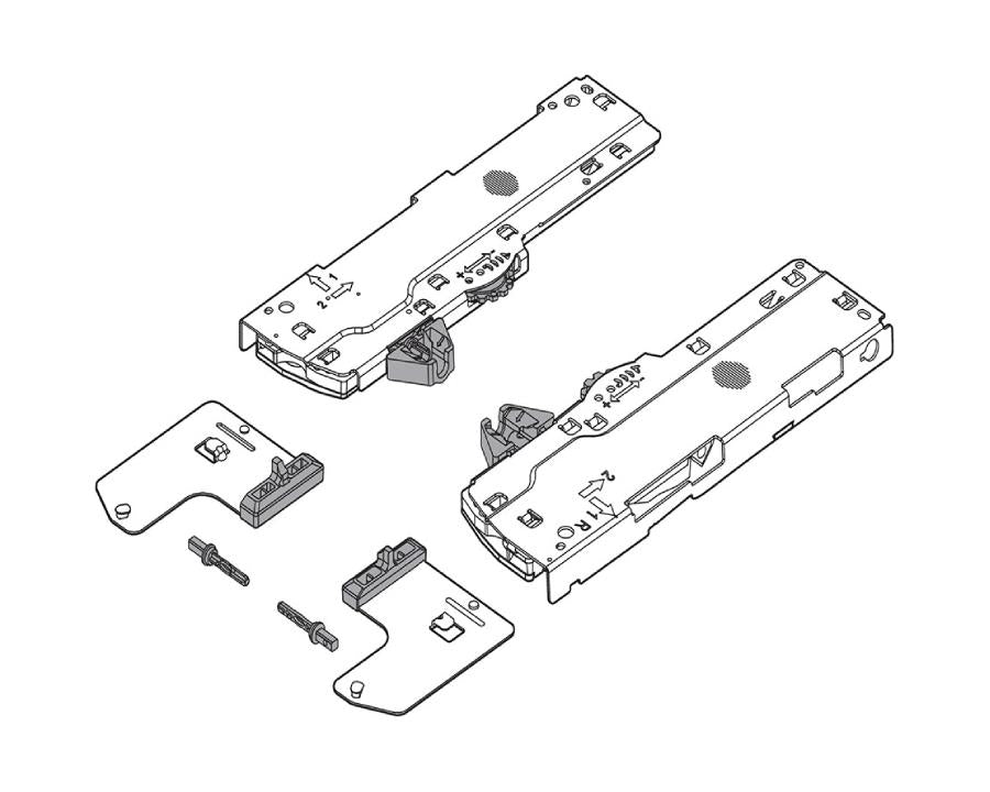 Blum TIP-ON BLUMOTION set unit and latch for LEGRABOX and MOVENTO drawers, compatible with 450–600mm NL runners, 35–60kg load capacity, push-to-open soft-close drawer mechanism