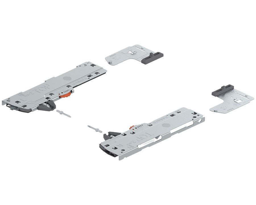 Blum TIP-ON BLUMOTION set unit and latch for LEGRABOX and MOVENTO drawers, compatible with 450–600mm NL runners, 35–60kg load capacity, push-to-open soft-close drawer mechanism