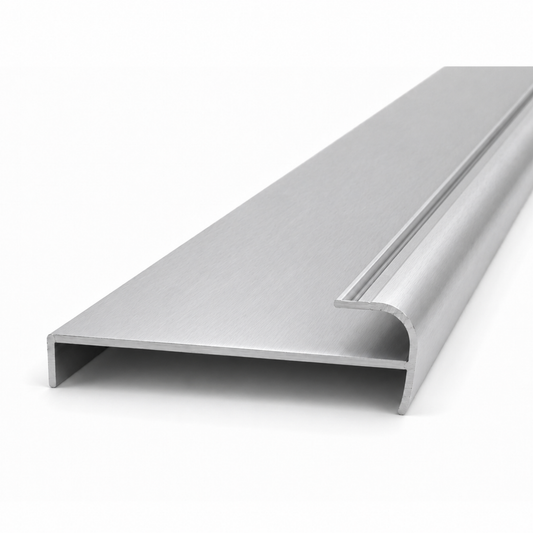 Brushed silver aluminium wardrobe return jamb triple track 5.6m profile for sliding wardrobe doors and side panel finishing