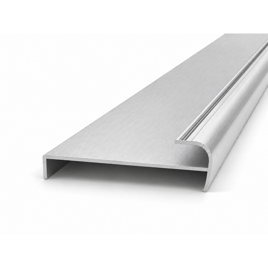 Brushed silver aluminium return jamb profile for wardrobe framing systems, providing structural support, clean finishing, and smooth sliding wardrobe door installation