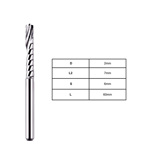 2mm single flute spiral cutter for CNC routing plastic, acrylic, and PVC materials, available in up cut and down cut variants for clean, precise, chip-free cutting performance.