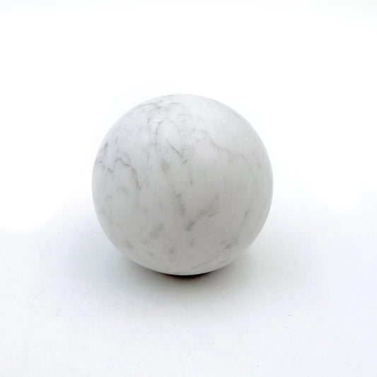 Carrara marble polished decorative sphere 100mm crafted from solid natural stone with elegant white and grey veining, ideal for home décor, coffee tables, shelves, offices, and luxury interior styling.
