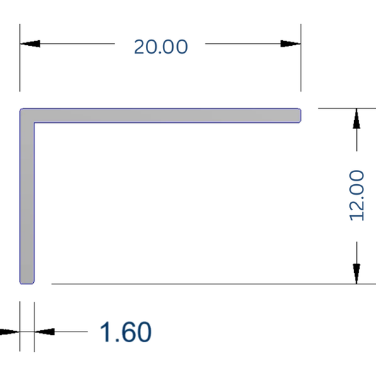Chrome 20mm x 12mm aluminium angle for edging, corner protection, cabinetry, and architectural finishing.