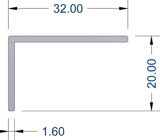 Chrome aluminium angle profile 32mm x 20mm used for corner protection, edging, and structural support in furniture making, construction, and interior finishing applications.