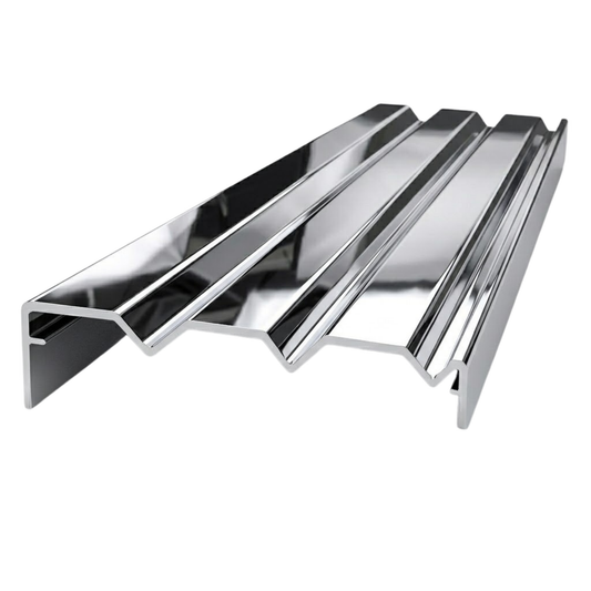 Chrome aluminium triple track bottom rail for sliding wardrobe doors, designed for smooth operation, stability, and precise door alignment