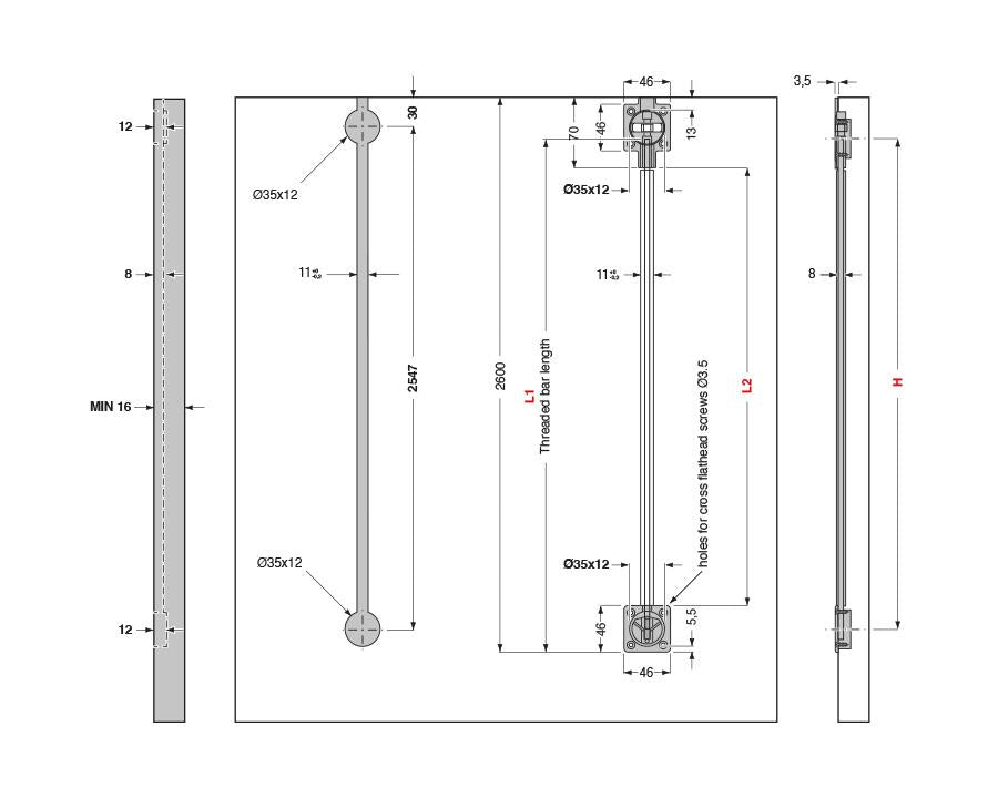 Cinetto black zamac wooden door straightener, 2600 mm length with top‑ and back‑adjustment for warp prevention