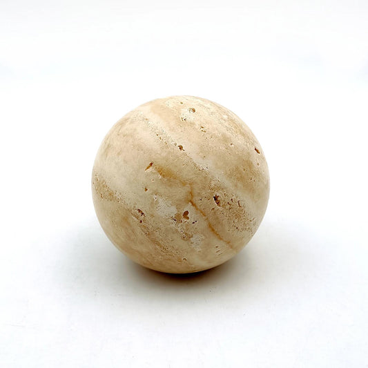 Classic Travertine polished decorative sphere 100mm crafted from solid natural stone with warm beige tones and natural texture, ideal for home décor, coffee tables, shelves, offices, and luxury interior styling.