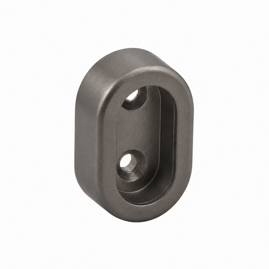 Gunmetal concealed oval wardrobe rail end flange bracket with screw-fix mounting for secure clothes hanging rail support in wardrobes and closets.