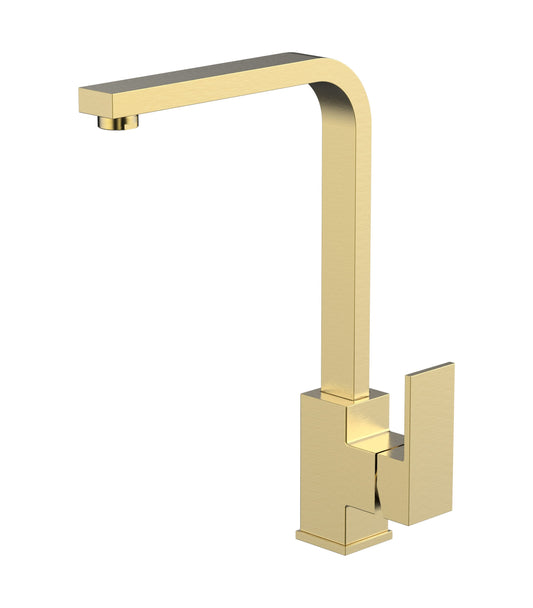 Brushed gold kitchen mixer tap featuring a square design and swivel spout for modern kitchens