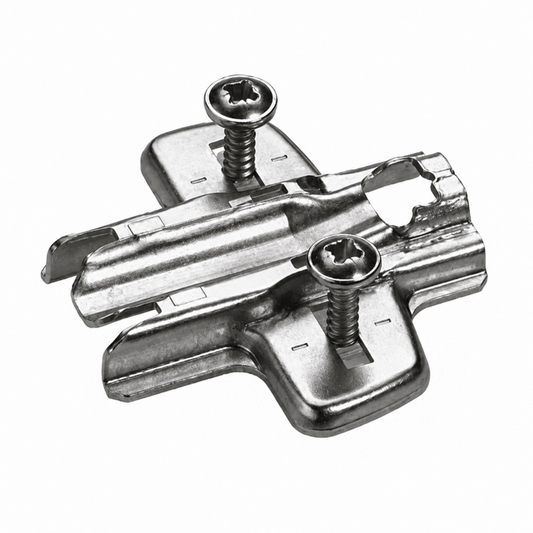 Nickel plated cross mounting plate with height adjustment and expanding sockets for cabinet hinges