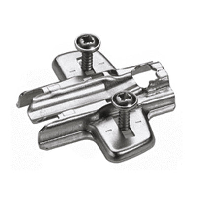 Nickel plated cross mounting plate with oblong hole height adjustment, 37 x 32mm hole line, designed for concealed cabinet hinge installation with expanding socket fixing system (0mm distance).