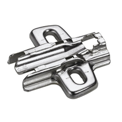 Nickel plated cross mounting plate with oblong hole height adjustment, 37 x 32mm hole line, screw-on fixing system, designed for concealed cabinet hinges with 0mm offset adjustment.