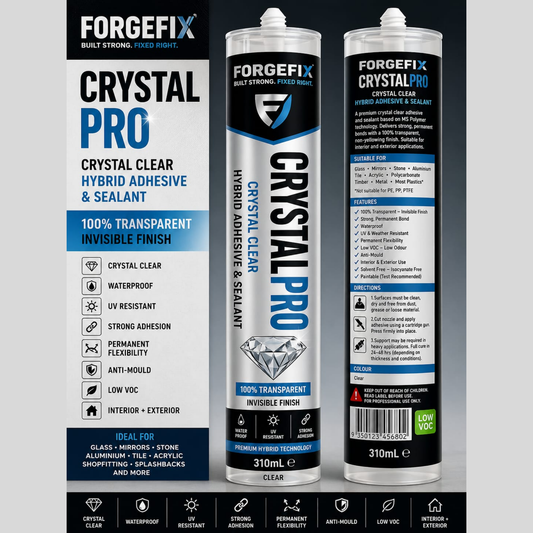 310ml Crystal Pro hybrid adhesive sealant box pack, clear high strength waterproof construction bonding sealant for wood, metal, concrete, glass, and general building and repair applications