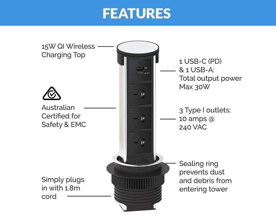 Docking Drawer Quad Flush Pop-Up Outlet with QI Wireless Charging in Black. 3 GPO, 1 USB-A & 1 USB-C