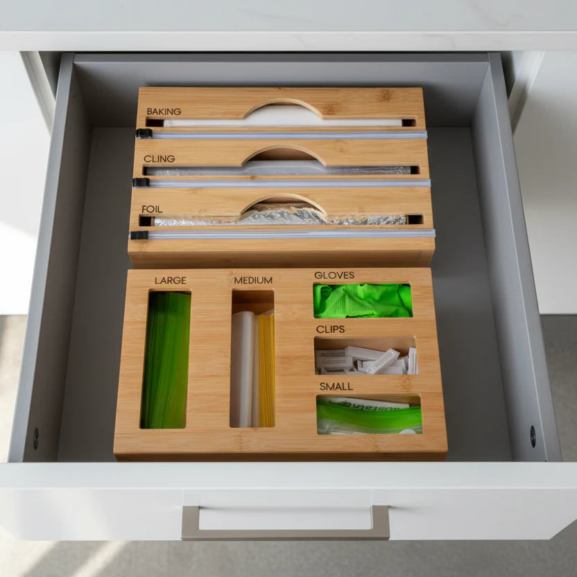 Bamboo Food Wrap Dispenser & Sandwich Bag Organiser Pack