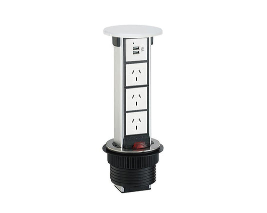 Docking drawer pop-up power outlet with Qi wireless charging, featuring 3 GPO sockets and 2 USB-A ports in white for home or office use