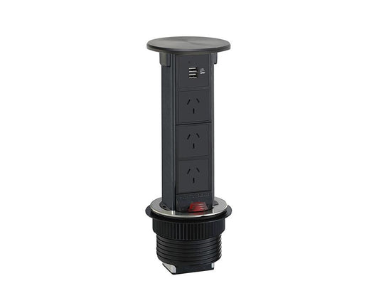 Black docking drawer pop-up power outlet with QI wireless charging, 3 GPO sockets, and 2 USB-A ports for kitchen, office, or workspace convenience