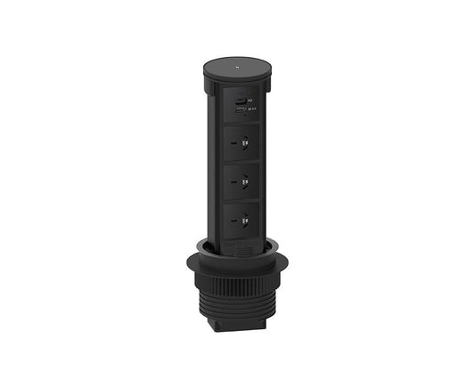 Docking drawer quad flush pop-up power outlet in black with Qi wireless charging, featuring 3 GPO sockets, 1 USB-A and 1 USB-C port for home or office use