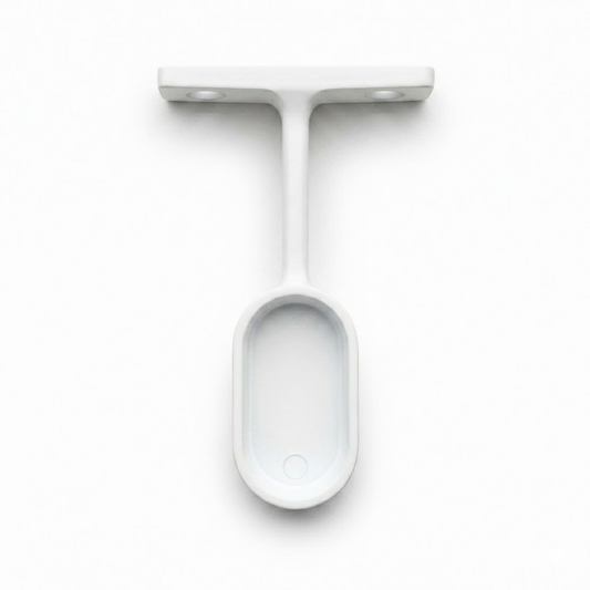 White oval wardrobe tube end pillar support bracket designed for stable wall-mounted support of clothes hanging rails in wardrobes, closets, and storage systems.