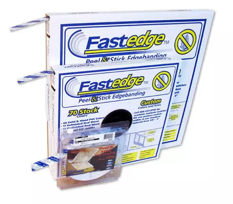 White Fastcap FastEdge peel and stick PVC edge banding tape 19mm x 15 metre roll for furniture edging, cabinet finishing, and smooth laminate edge protection.