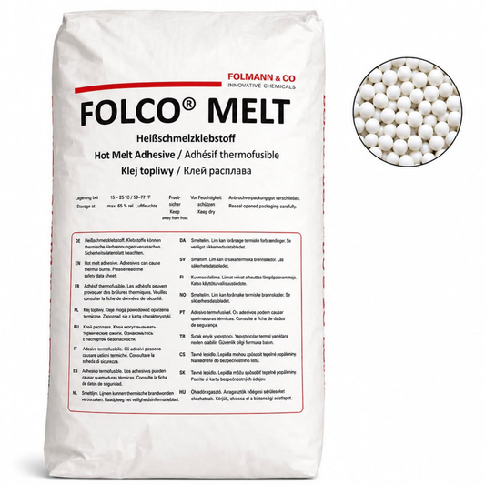 Folco 1756 natural 20kg EVA hot melt edgebander glue for edge banding with strong adhesion, clean running performance, and fast setting.