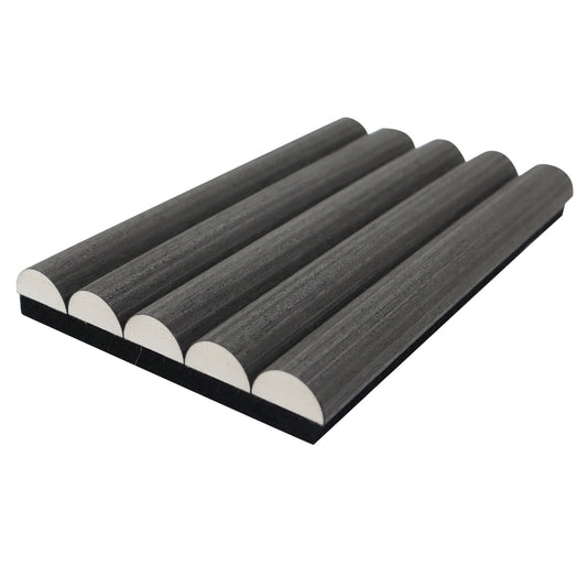 Half round charred oak acoustic wall panel – curved decorative timber slat wood panel for interior walls, ideal for living rooms, offices, and commercial spaces with sound-absorbing dark charred oak finish
