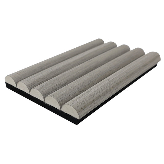 Half round greige oak acoustic wall panel – curved decorative timber slat wood panel for interior walls, ideal for living rooms, offices, and commercial spaces with sound-absorbing neutral greige oak finish