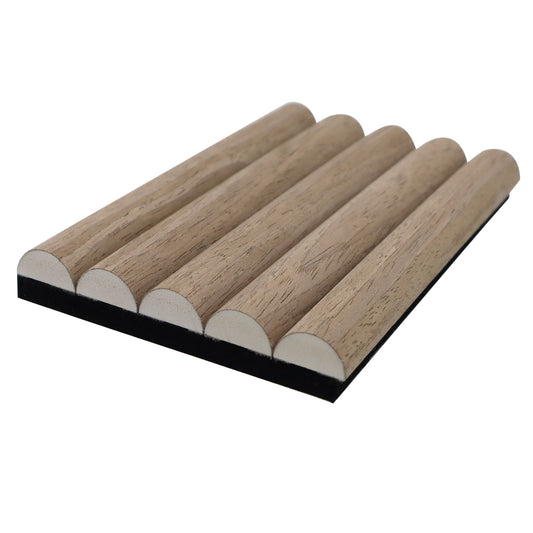 Half round walnut oak acoustic wall panel – curved decorative timber slat wood panel for interior walls, ideal for living rooms, offices, and commercial spaces with sound-absorbing natural walnut oak finish