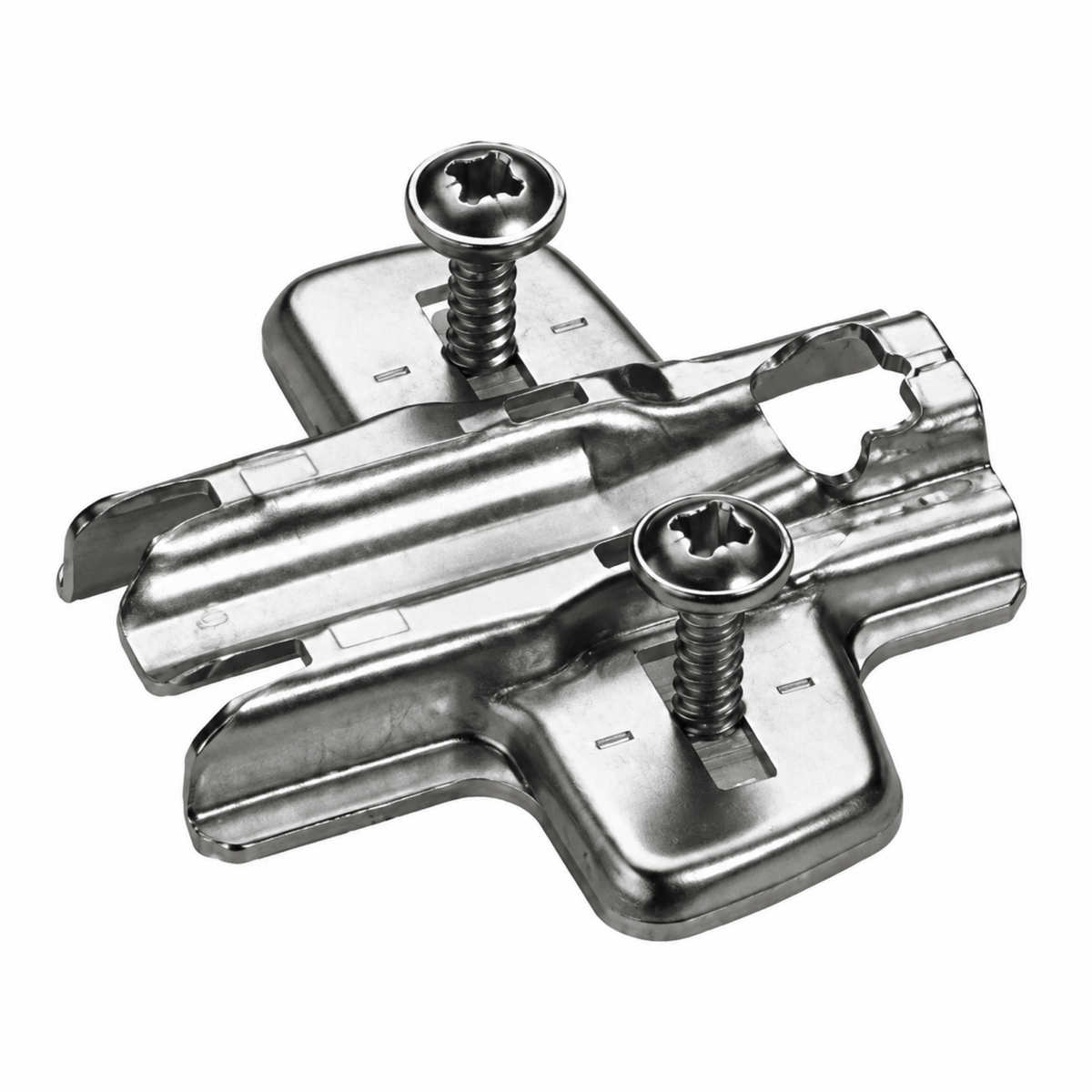 Cross mounting plate with oblong hole height adjustment, nickel plated, Hole line 37 x 32 mm, with expanding sockets (for drilling ø 5 x 12 mm), distance 1.5 mm 9071596
