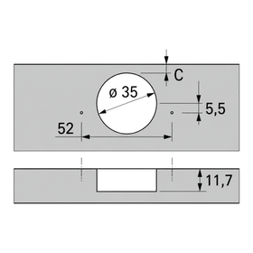 Sensys wide angle hinge, with zero protrusion (Sensys 8657), overlay, Opening angle 165°, TH-drilling pattern 52 x 5.5 mm, for screwing on 9099750