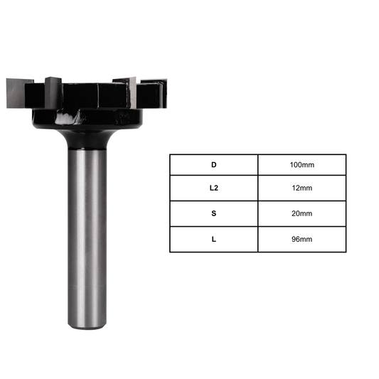 100mm 5 flute surface planer cutter for CNC spoilboard surfacing, wood slab flattening, and MDF planing with smooth, efficient cutting performance.