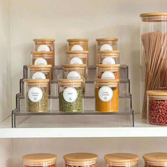 Round Glass Bamboo Herb and Spice Storage Jar Set – 12 Pack-0