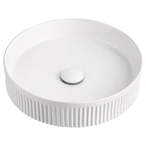 Matte white 410mm round countertop wash basin with modern ceramic design, durable finish, and elegant styling for compact contemporary bathrooms