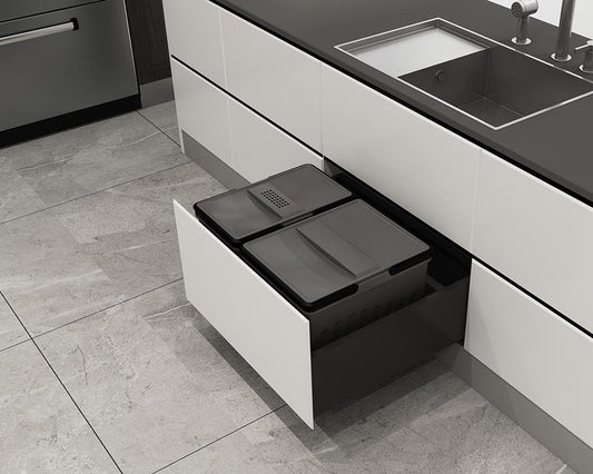Imperial 31L pull-out kitchen waste bin with dual compartments for waste and recycling, designed to fit 600mm kitchen cabinets.