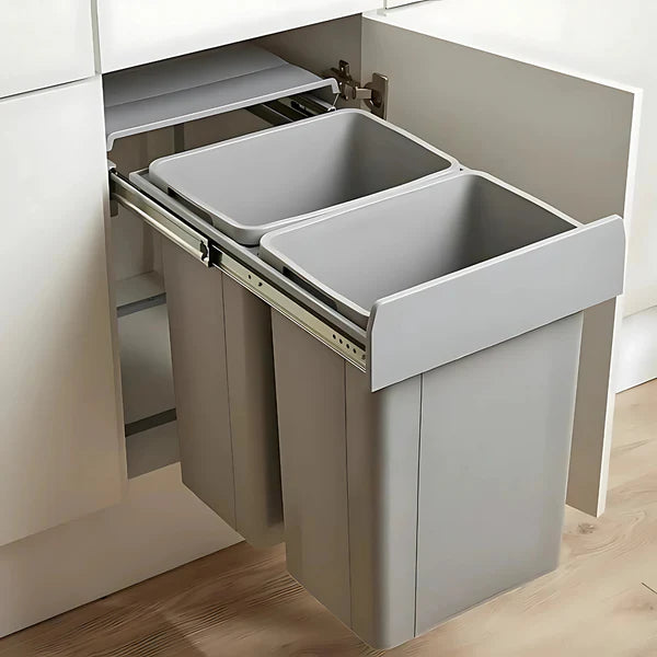 Imperial under-sink pull-out waste bin with dual 18L compartments, full extension runners, and removable grey bins for easy cleaning.