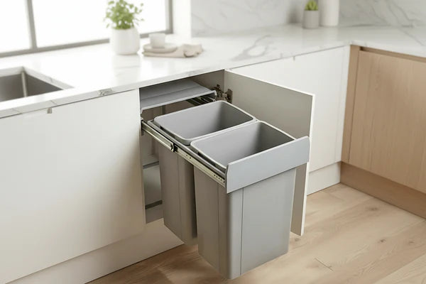 Imperial under-sink pull-out waste bin with dual 18L compartments, full extension runners, and removable grey bins for easy cleaning.
