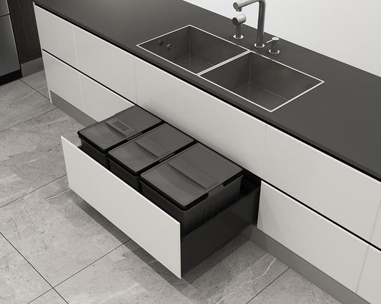 Imperial 50L pull-out kitchen waste bin with three compartments for waste and recycling, designed for 800mm kitchen cabinets.