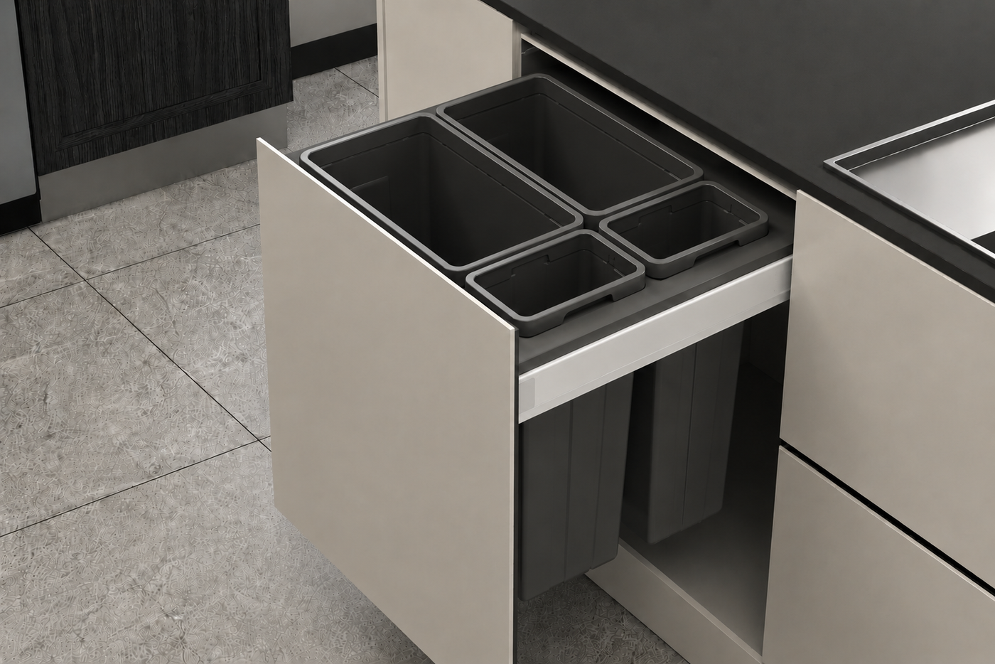 Pull out bin | Quad Bin | - 600mm cabinet