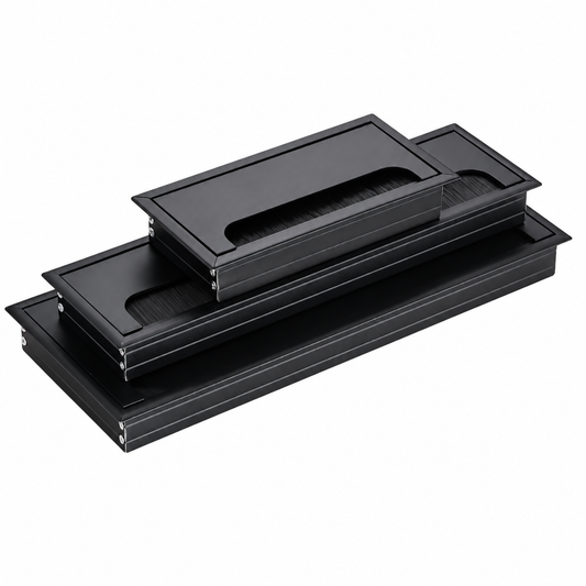 Matte black aluminium brush cable cover for desk cable management and organised workspaces
