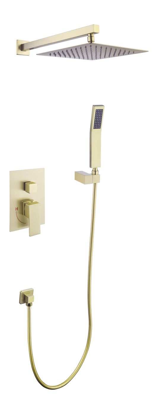 Imperial luxury concealed shower set in brushed gold with overhead rain shower, hand shower, and concealed mixer for modern bathrooms.